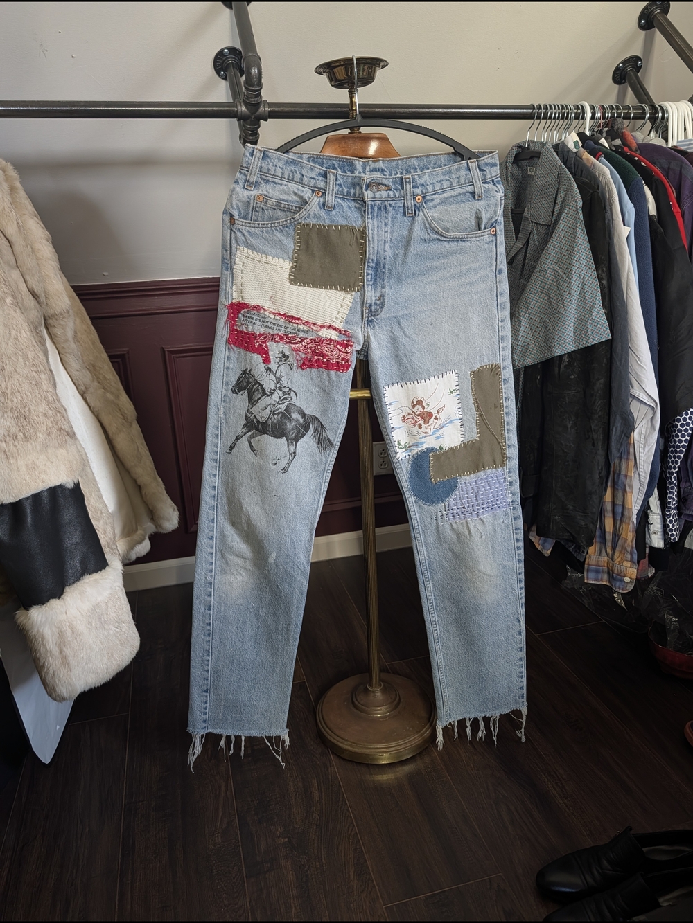 Basketcase Gallery x Levi's Custom Patched Printed Vintage 505 Orange Tab Jeans